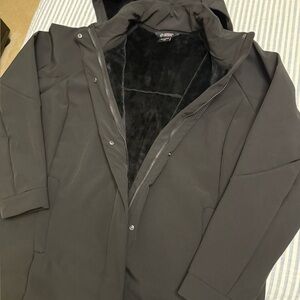 Women Black Hooded Winter Coat - Faux Fur Lining